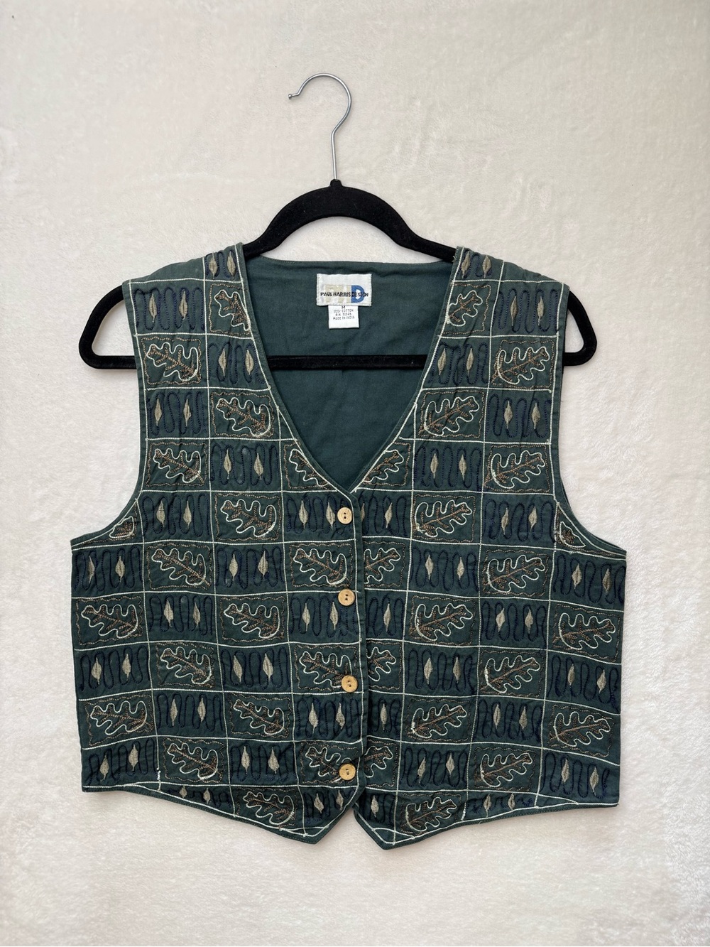 Paul Harris Design - Embroidered Oak-Pattern Green V-Neck Vest Fall Vibes Cotton